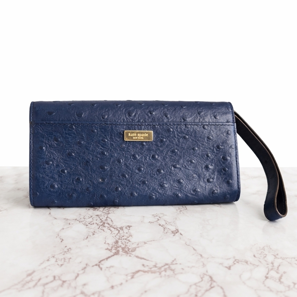 Kate Spade Navy Ostrich Embossed Leather Wallet Wristlet Gold Logo Slim Clutch